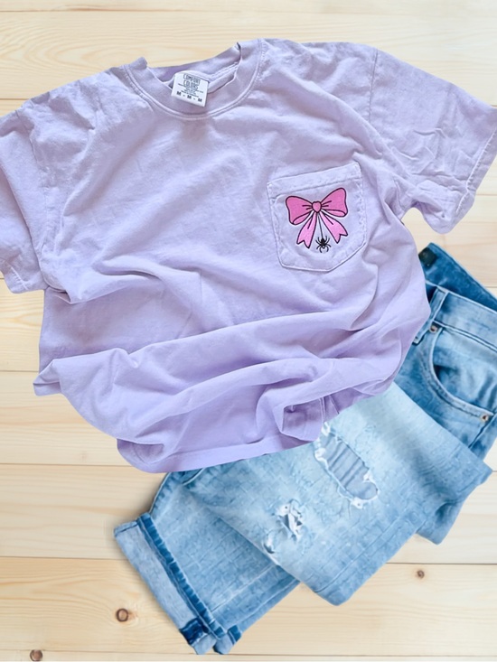 Comfort Colors Tops - Cute and Spooky Coquette Spider Pocket Tee